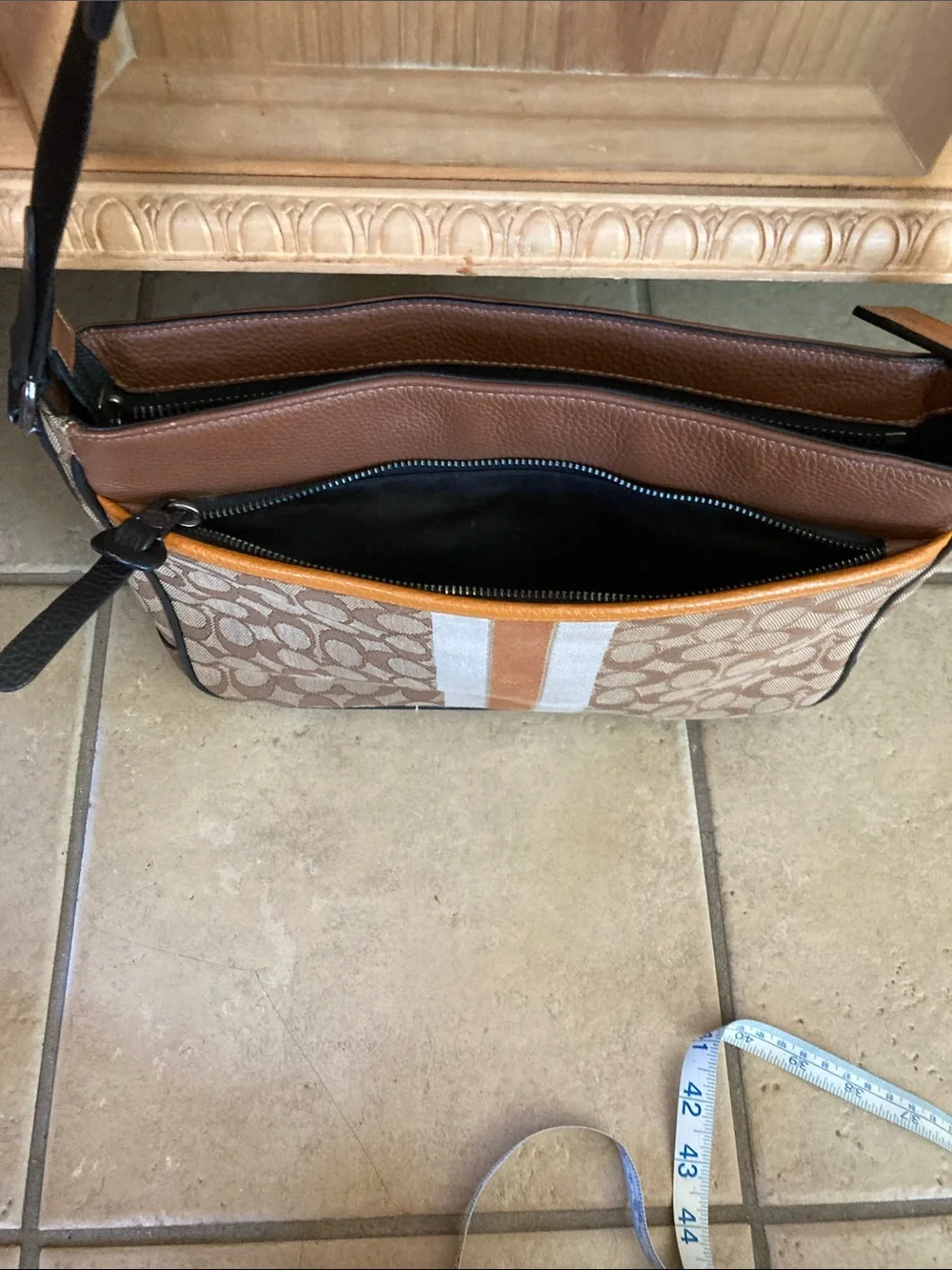 Coach Men’s Brown Signature Patterned Crossbody Messenger Bag with Stripe Accent